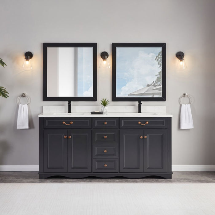 Isidora 72" Tricorn Black Bathroom Vanity Cabinet Solid Wood Construction Double Sink with Stone Top