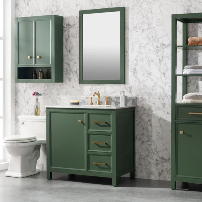 36" Luminescence Green Finish Bathroom Vanity - Carrara Marble Countertop with Ceramic Sink & Soft-Close Drawers