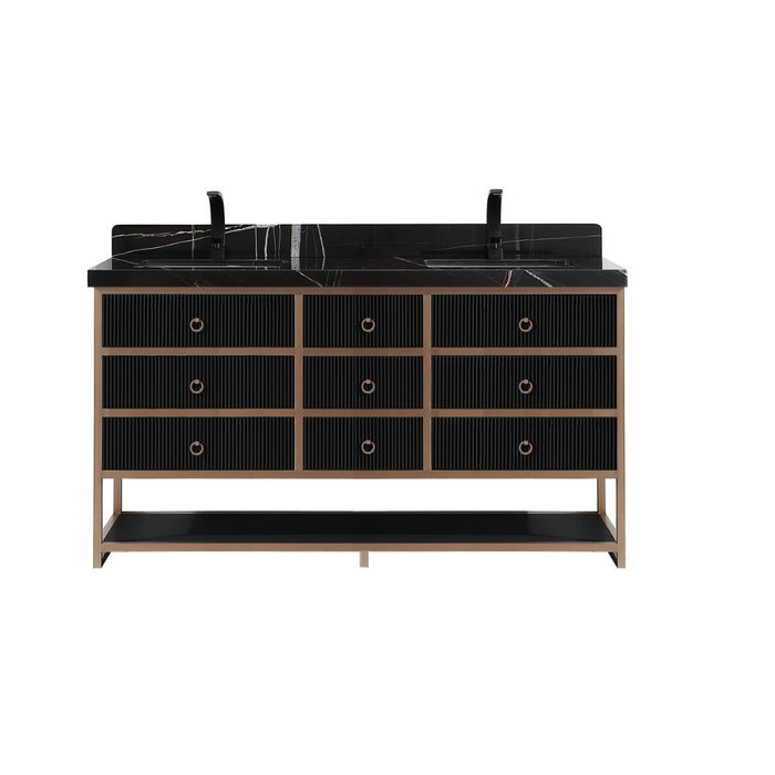 72" Double Vanity With Golden Brush Stainless Steel Frame And Tricorn Black Finish With 2' Thick Black Natual Stone Top