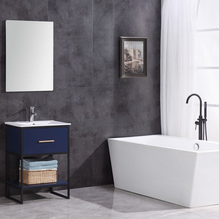 24" Modern Blue Bathroom Vanity - PVC Frame with White Ceramic Top & Single Drawer