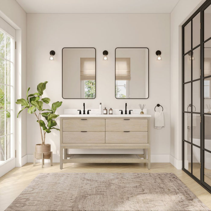 Miren 60" Whitewashed Oak Wood Vanity with Legs – White Stone Top & 3-Hole Faucet Drilling