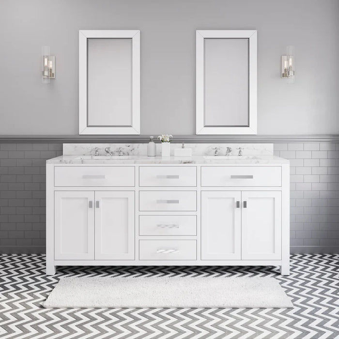 72 Inch Prim Pure White Double Sink Vanity Carrara Marble Countertop Freestanding