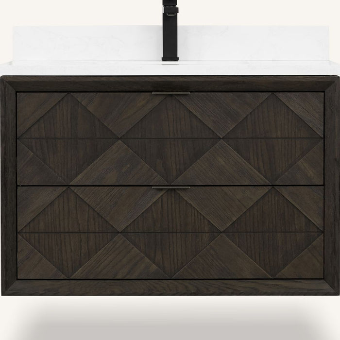 Gigi Traditional 36" Single Bathroom Vanity in Brown Oak – Free-Standing with White Stone Top & Pre-Drilled Faucet Hole