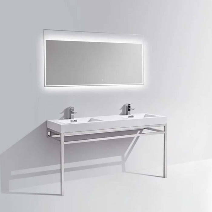 Crius 60" Chrome Double Sink Bathroom Console – 316L Stainless Steel Vanity with White Composite Sink