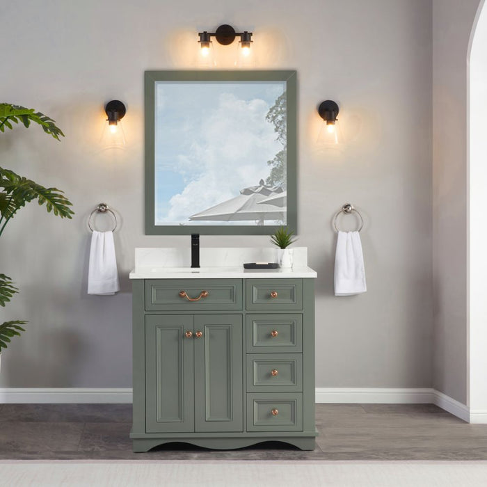 Sanaki 36" Solid Wood Bath Vanity French Contemporary Pewter Green Finish with Artificial Stone Top & 4 Drawers