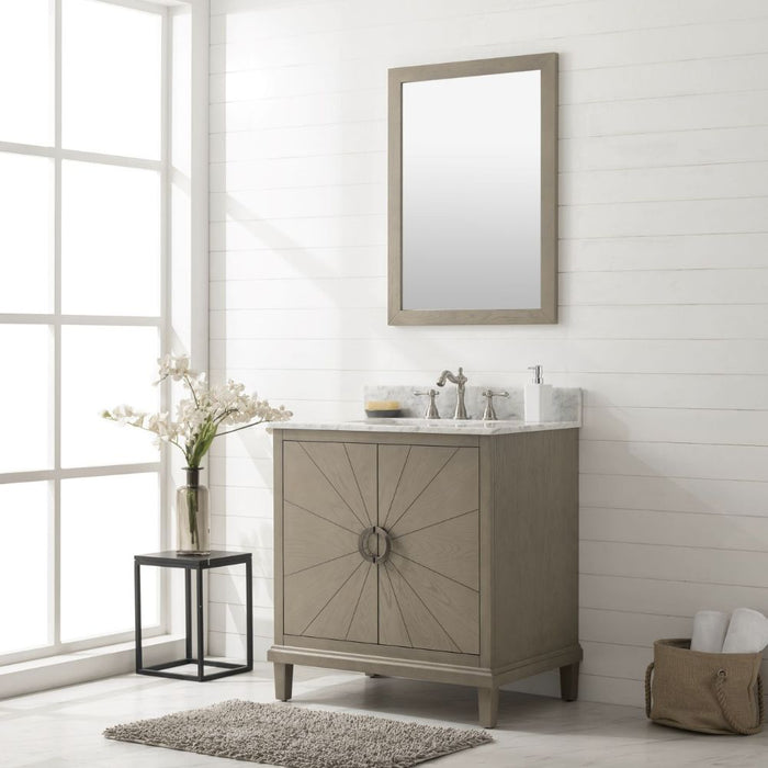 Single Sink Bathroom Vanity in Antique Gray Oak – Magi White Countertop with Pre-Drilled Faucet Holes