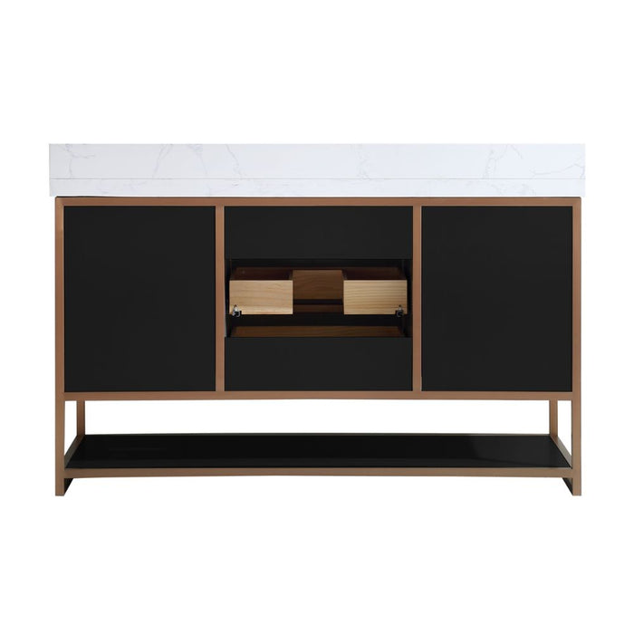 Alena 60" Single Tricorn Black Golden Brush Vanity – Contemporary Oak Frame with White Stone Top