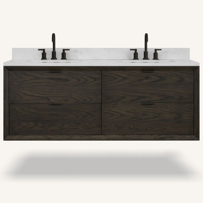 Sava 60" Brown Oak Vanity Cabinet with White Artificial Stone Top – 3-Hole Faucet Ready