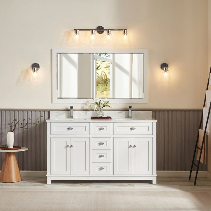 Miren 60" White Classic Solid Wood Bathroom Vanity with Artificial Stone Top, 6 Drawers & 4 Doors