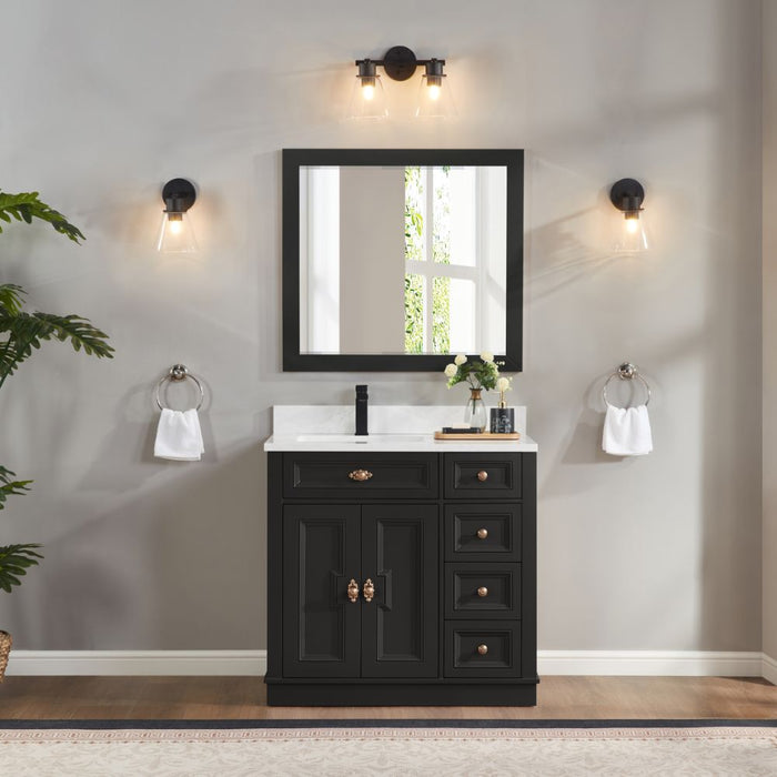 Tritan 36" Solid Wood Tricorn Black Bathroom Sink Vanity with Soft-Close Doors & Stone Countertop