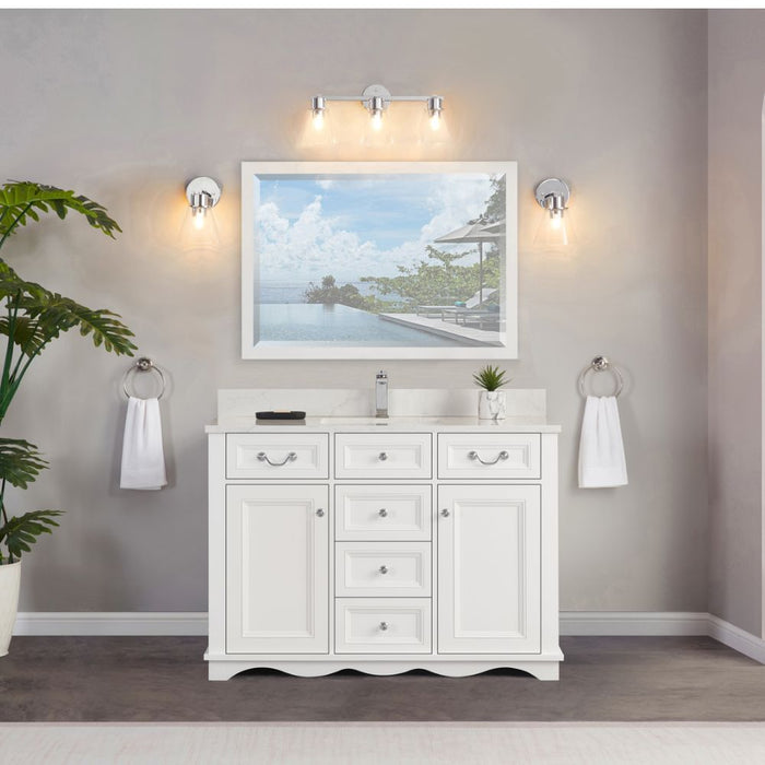 Arielle 48" White Wood Single Sink Vanity Cabinet - Artificial Stone Countertop, Soft-Close Doors & 5 Drawers