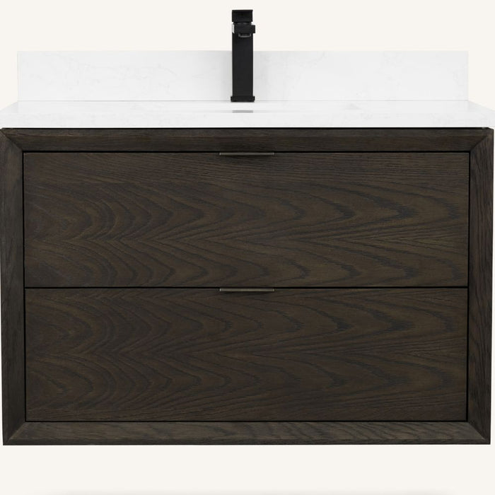Alley 36" Brown Oak Bathroom Vanity Set - 1" Thick White Artificial Stone Countertop with Drawers