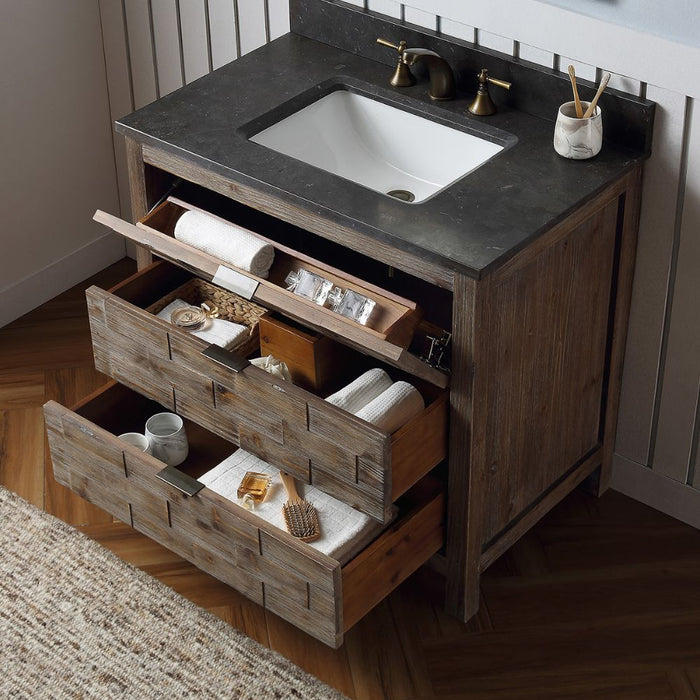 Nivernais 36" Brown Fir Wood Single Sink Vanity - Moon Stone Top White Ceramic Basin 3-Drawer Storage
