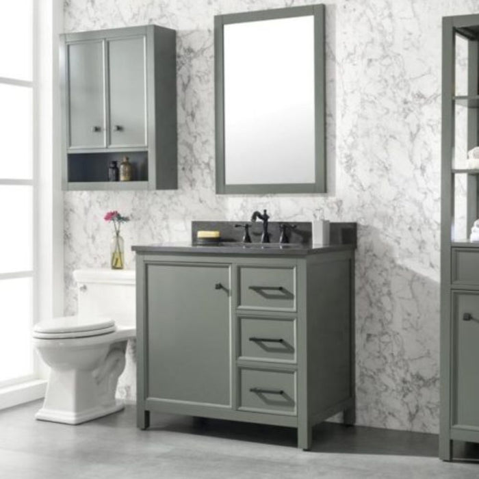 Sohan 36" Single Sink Vanity in Pewter Green - Blue Limestone Top, Pre-Drilled, 3 Drawers with Organizer