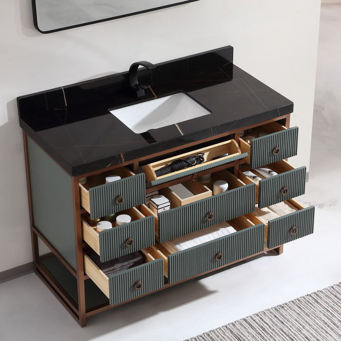 Loafey Steel 48" Pewter Green Bathroom Vanity Cabinet – Modern Golden Brush Frame with Black Marble Top and White Ceramic Sink