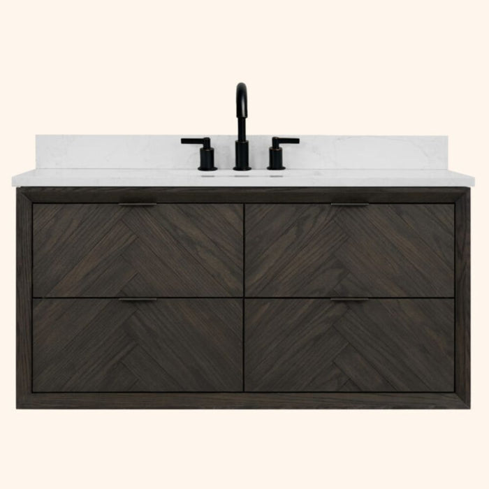 Davina 48" Brown Oak Single Vanity – Freestanding Design with White Artificial Stone & Rectangle Basin