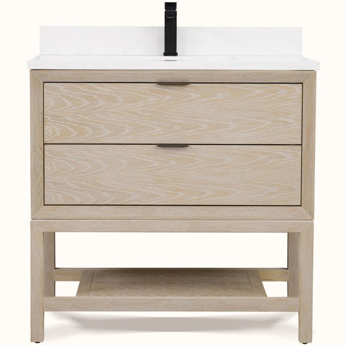 Warren 36" Oak Bathroom Vanity with Drawer - Whitewashed Finish Single Sink Vanity with White Stone Top