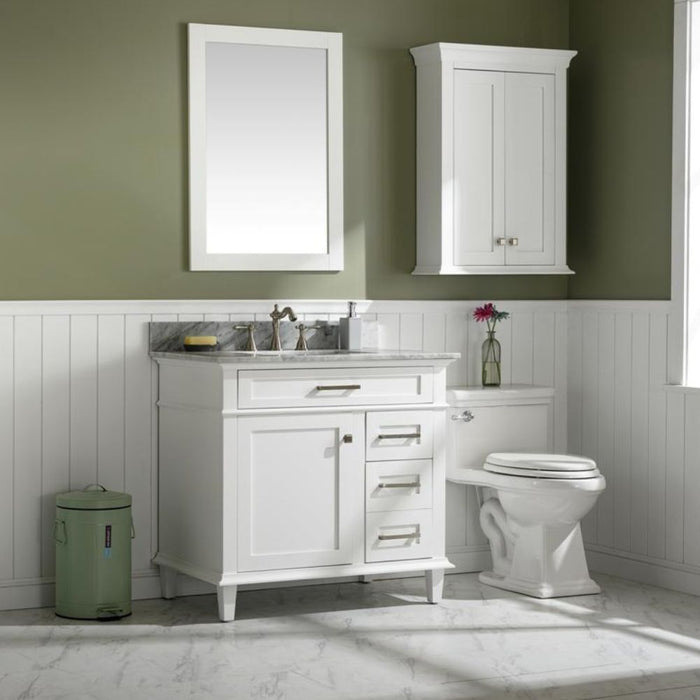 Mozaika 36" White Bathroom Vanity with Carrara Marble Countertop, Ceramic Sink & Tilt-Out Tray