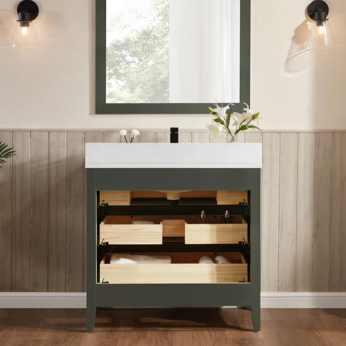 Keita 36" Pewter Green Transitional Bathroom Vanity - Solid Wood Construction with Artificial Stone Countertop & Rectangle Basin