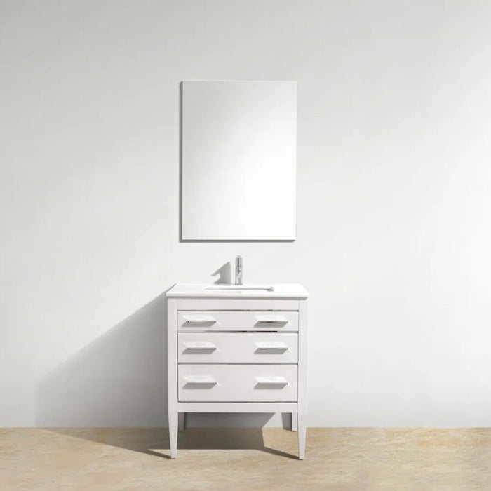 Alistair 30" Art Deco White Bathroom Vanity – Solid Wood Construction with Quartz Counter & 2 Drawers