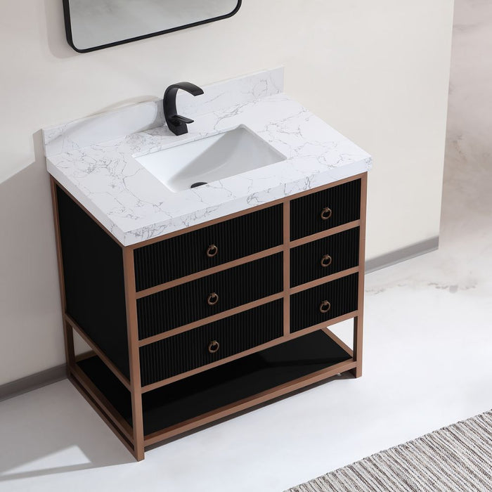 FusionBath Premium 36" Tricorn Black Oak Wood Vanity – Golden Brushed Steel Frame with White Artificial Stone Top & Soft-Close Drawers