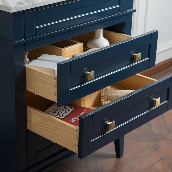 Quinne 30" Birch Wood Bathroom Vanity with Carrara Marble Top - 3 Drawer Storage & Gold Hardware