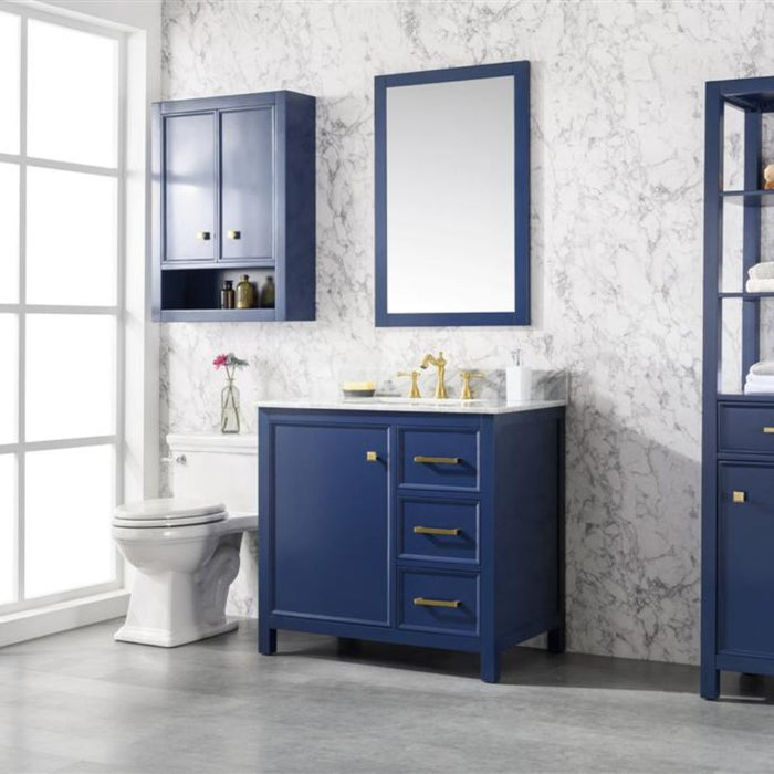 Estra 36" Blue Wood Vanity Cabinet with White Carrara Marble Top and Ceramic Sink - Modern 3-Drawer Design