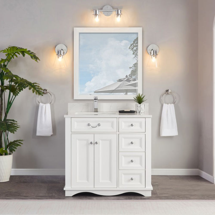 Vologne 36" White Solid Wood Bathroom Vanity Cabinet with Artificial Stone Top, Soft-Close Drawers & Dovetail Construction