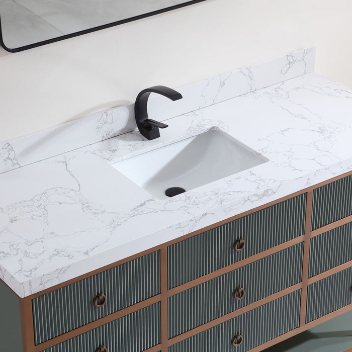 Lorelle 60" Single Pewter Green Wooden Bathroom Vanity - Golden Brush Steel Frame 8-Drawer Storage