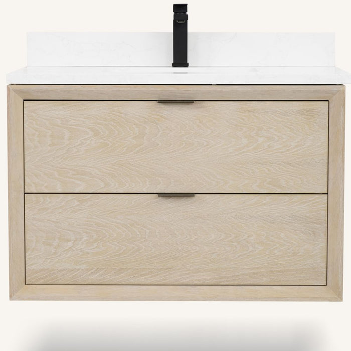 Flax 36" Whitewashed Oak Vanity Cabinet - White Artificial Stone Top with Rectangle Basin & Soft Close Drawers