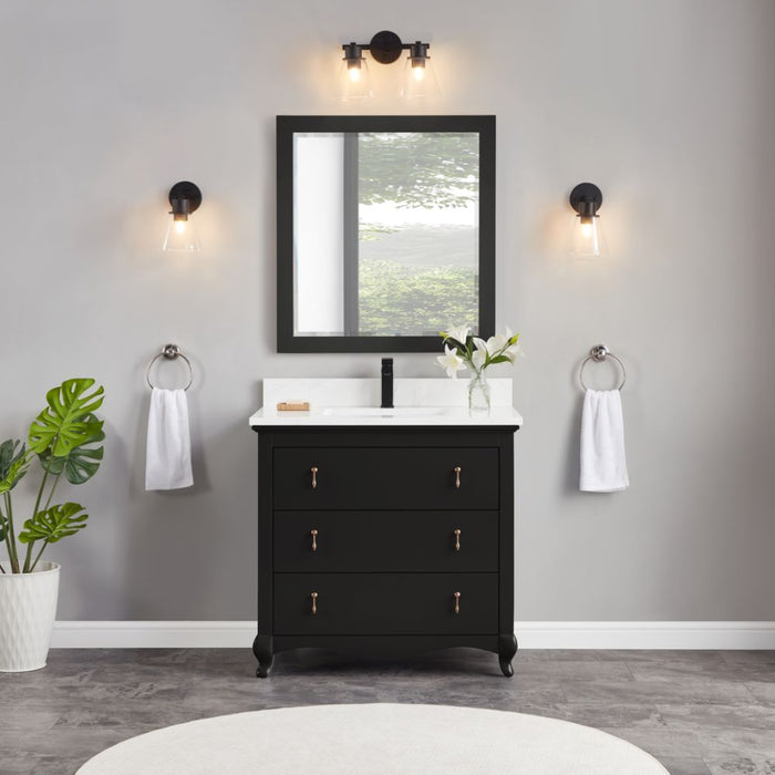 Zaira 36" Solid Wood Vanity – Matte Black Bathroom Cabinet with Artificial Stone Countertop