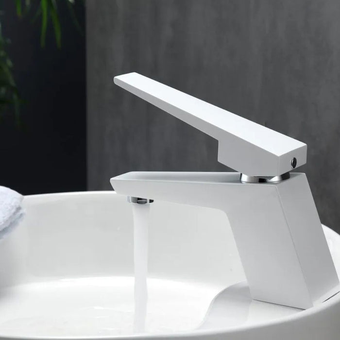 Aqua Duffy Modern Matt White Single Hole Bathroom Faucet – Solid Brass Single Lever Vanity Sink Faucet
