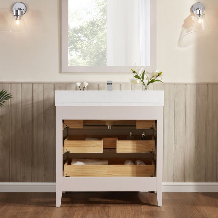 Wylie 36" Classic White Solid Wood Bathroom Vanity - 1" Stone Top, 3 Dovetail Drawers, Free-Standing