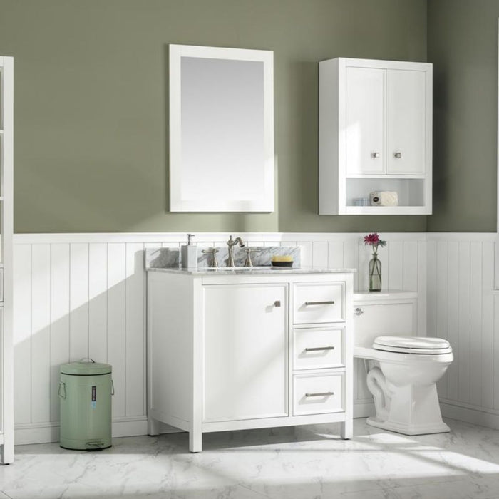 Calirette 36" White Single Sink Vanity with Carrara White Marble Top - 3 Drawer Storage