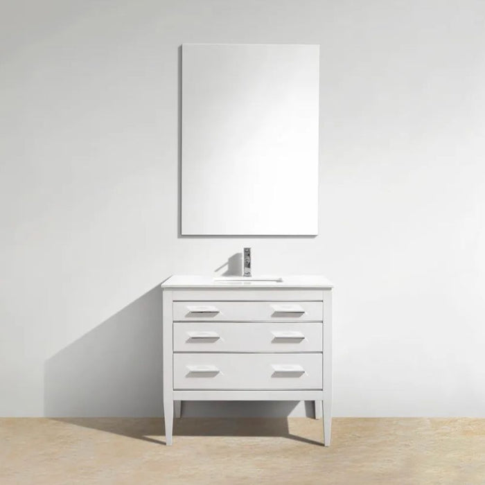 Abrea 36" High Gloss White Solid Wood Bathroom Vanity – Art Deco Style with Quartz Countertop