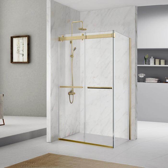 48-Inch Moiré Frameless Shower Enclosure – Spezia Brushed Gold, Double Sliding Rectangle