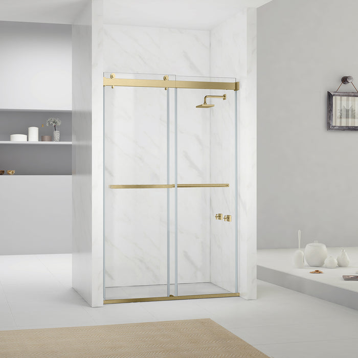 56"W x 76"H Millstone Brushed Gold Shower Door – Double Sliding Frameless Glass Panels