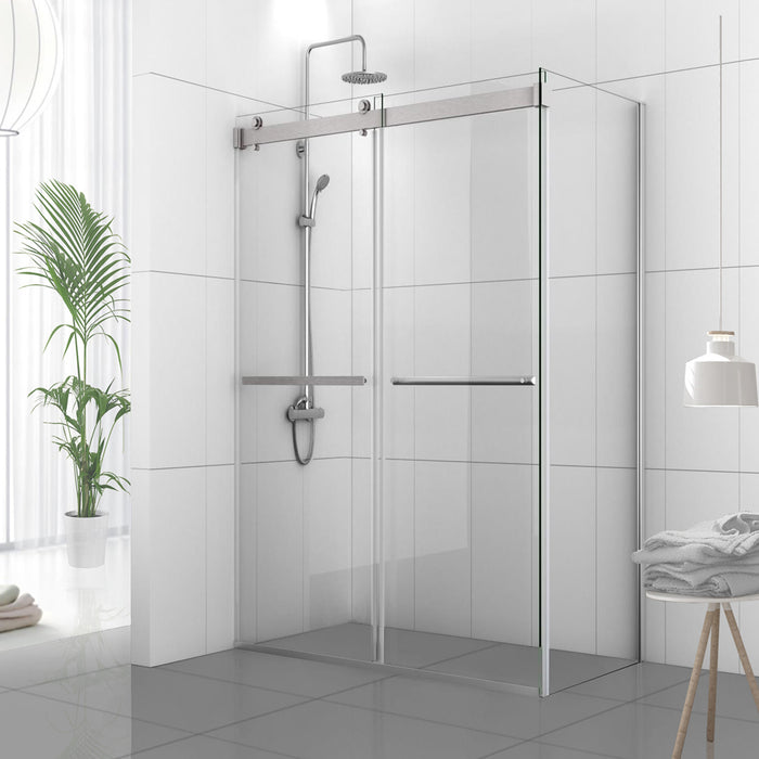 56 Inch Lyra Sliding Shower Enclosure – Frameless Brushed Nickel Double Doors