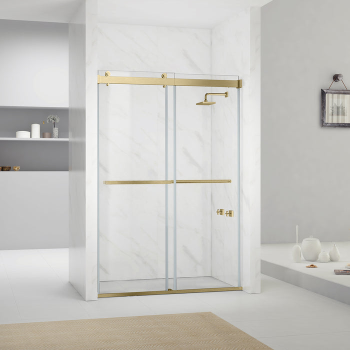 Spezia 60" W x 76" H Double Sliding Frameless Shower Door in Brushed Gold