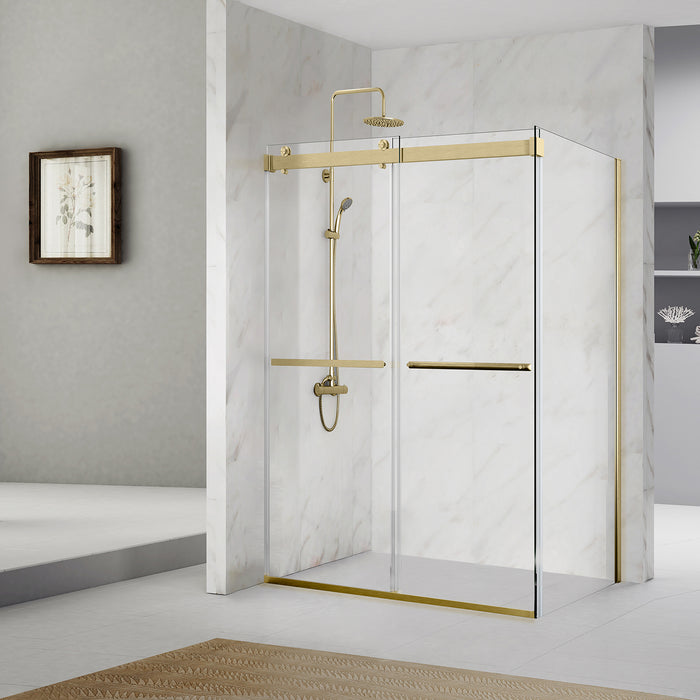 Spezia 60" W x 76" H Rectangle Double Sliding Frameless Shower Enclosure in Brushed Gold