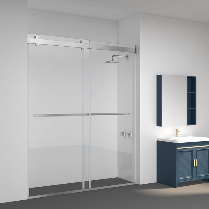 64" x 76" Nimbuswood Frameless Shower Door – Brushed Nickel Double Sliding Glass Panels