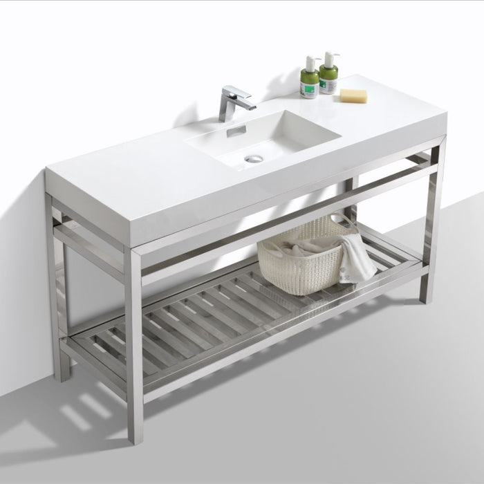 Himanshu 60" Chrome Stainless Steel Single Sink Console Vanity – Modern Bathroom Vanity with Acrylic Sink