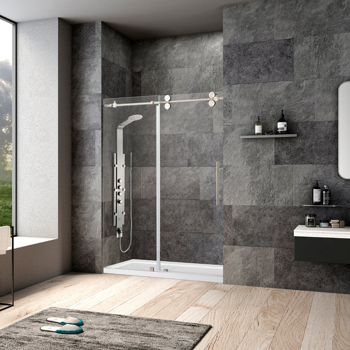 52-Inch Tori Shower Door – Frameless Brushed Nickel Single Sliding Glass Panel