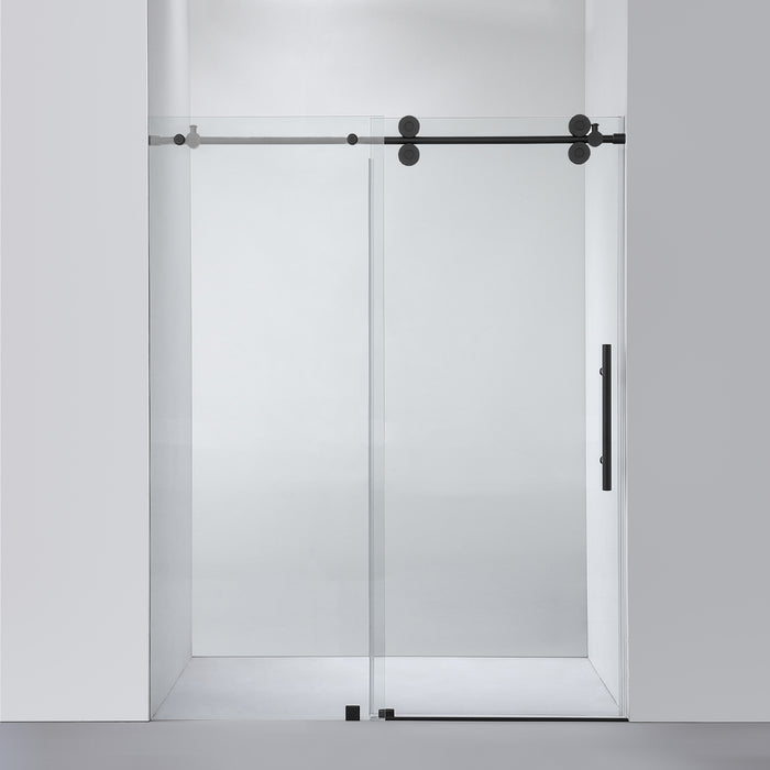 60-Inch River Shower Door – Matte Black Frameless Design with Single Sliding Glass Panel