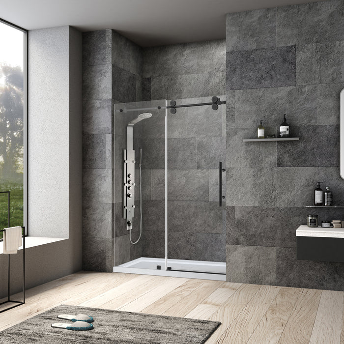 60-Inch River Shower Door – Matte Black Frameless Design with Single Sliding Glass Panel