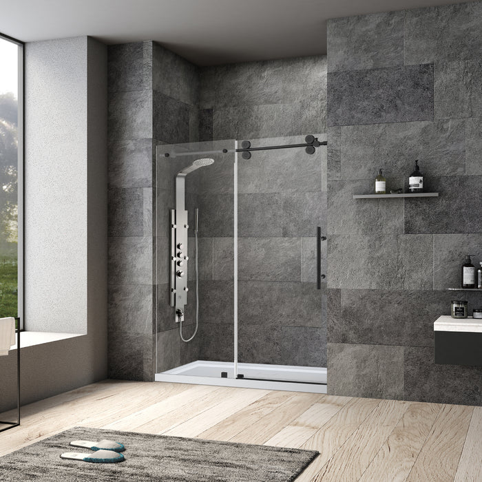 Bright 68-Inch Frameless Glass Shower Door – Matte Black Single Slide for Modern Bathrooms