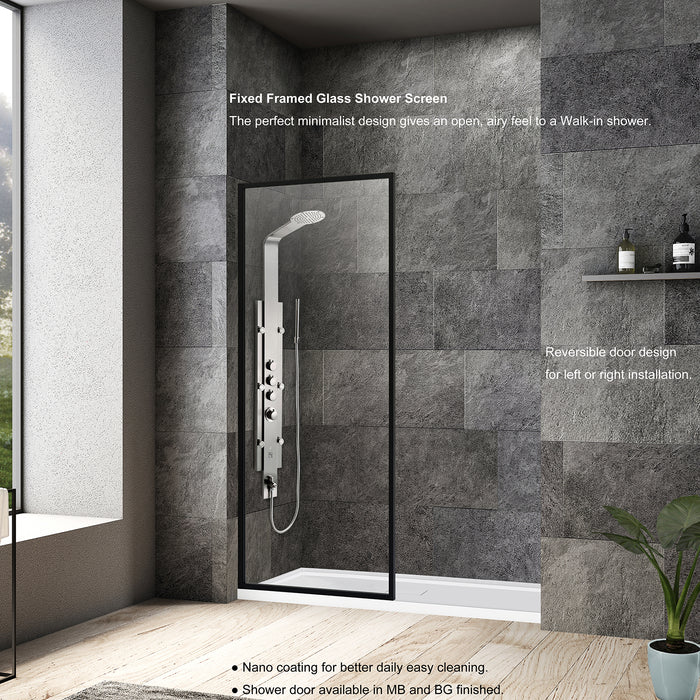 34-Inch Opalescent Matte Black Fixed Glass Panel – Framed Shower Screen with Sleek Modern Look