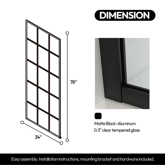 Frameless Kalliope 34-Inch Shower Door – Clear Glass Panel with Matte Black Finish