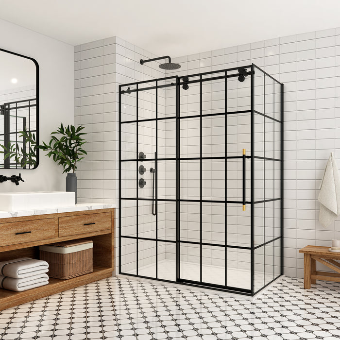 56-Inch Kith Sliding Glass Shower Enclosure – Matte Black Frame, Frameless Panel