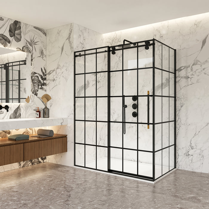 56-Inch Kith Sliding Glass Shower Enclosure – Matte Black Frame, Frameless Panel